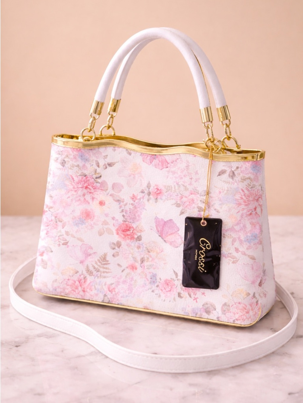 White Floral Purse Satchel Print Gold Hardware Mothers Day Gift Crossi NY NWT